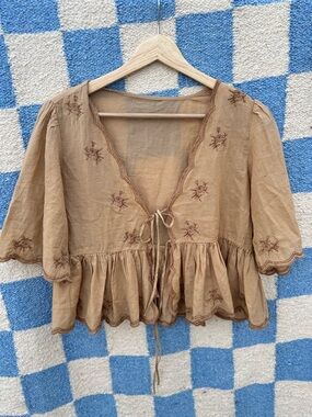Embroidered Tie-Front Peplum Top - Brown